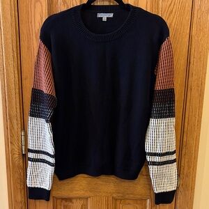 Stylish Black Sweater with Multicolor Sleeves